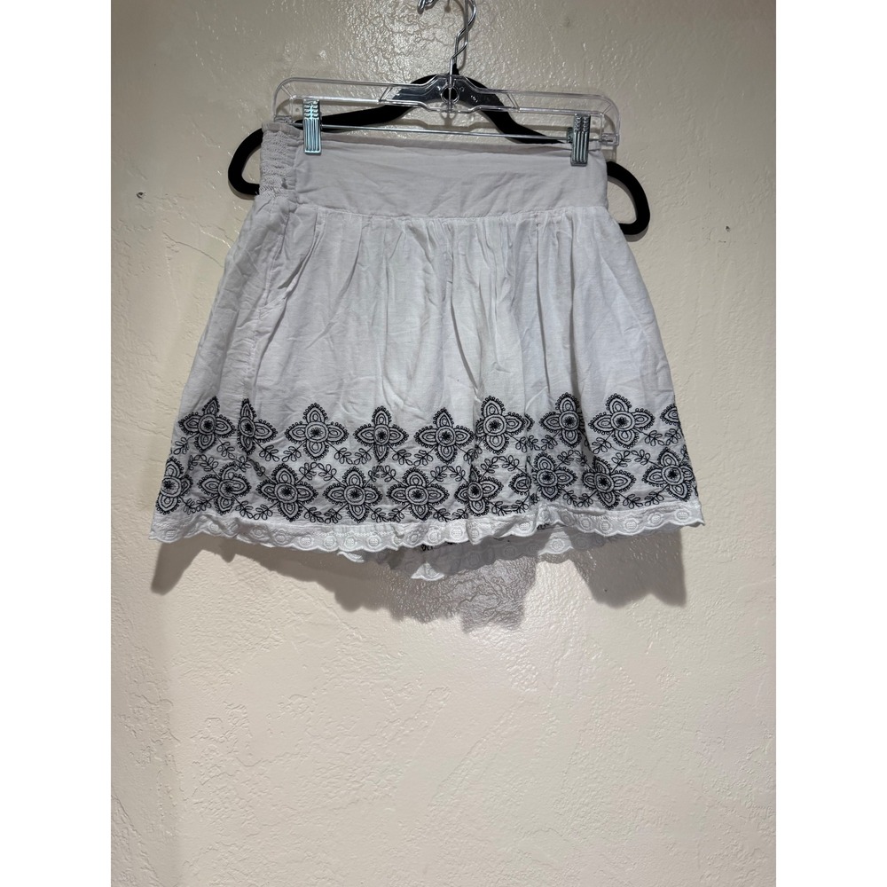 Lucky Brand Women White Cotton Embroidered Eyelet Mini Skirt Smocked Back Size S